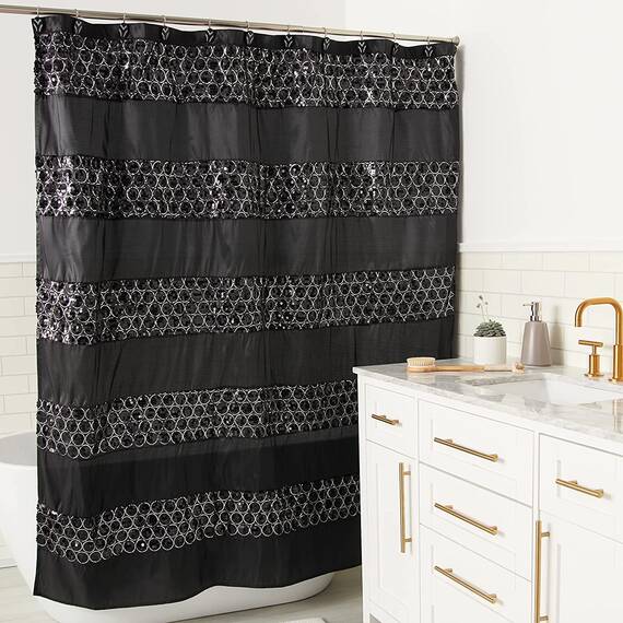 Zahari Home Sinatra 13-teiliges Badezimmer-Duschvorhang-Set, luxuriöser, klassischer, grauer Duschvorhang aus Stoff und 12 Haken, modern, einzigartiges Design, schwarzer Glitzer