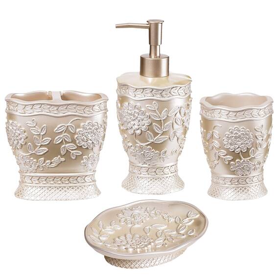 Zahari Home Badezimmer-Zubehör-Set mit Rosenrebe, Lotion-Pumpe, Becher, Zahnbürstenhalter und Seifenschale, einzigartiges Design, beige, 4-teilig