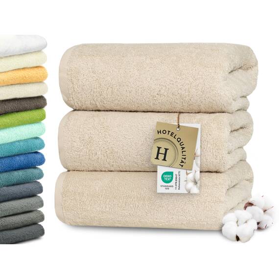 ZOLLNER 3er Set Duschtücher in 70x140 cm - besonders weiche und saugstarke Handtücher in beige - mit praktischem Aufhänger - waschbar bis 95°C - Baumwolle - Hotelqualität