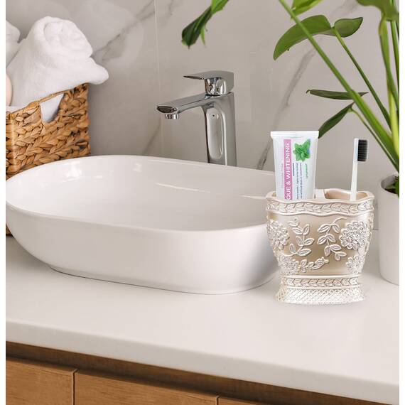 Zahari Home Badezimmer-Zubehör-Set mit Rosenrebe, Lotion-Pumpe, Becher, Zahnbürstenhalter und Seifenschale, einzigartiges Design, beige, 4-teilig