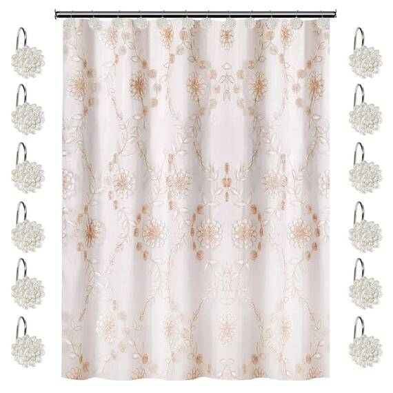 Zahari Home Rose Vine 13-teiliges Badezimmer-Duschvorhang-Set, transparenter Duschvorhang und 12 Haken, modern, klassisch, luxuriös, zeitgenössisches Dekor, beiger Duschvorhang