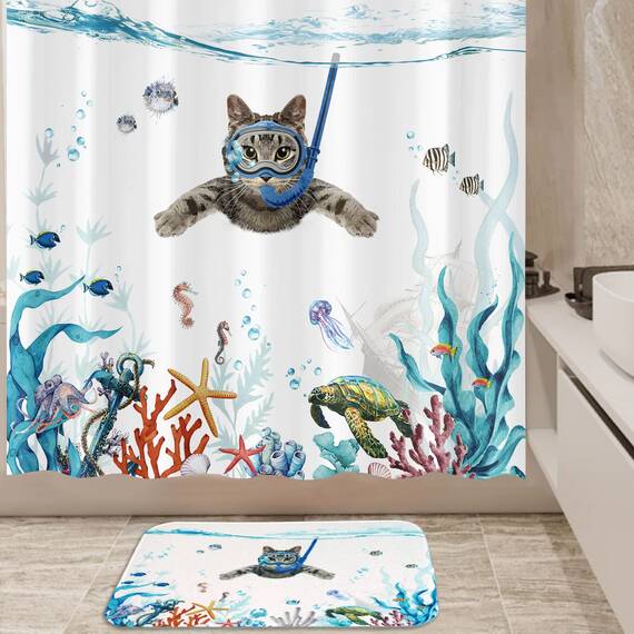 Fowocu Lustige Katze, kleine Badezimmerteppiche, Matte, Ozean, Meerestier, Badteppiche, wasserabsorbierend, rutschfest, Duschmatte, niedliche Badematten für Badezimmerdekoration (blau, 61x40 cm)