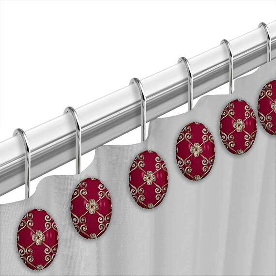 Zahari Home 13-teiliges Badezimmer-Duschvorhang-Set mit elegantem Rosen-Motiv, luxuriöser, moderner, burgunderroter Duschvorhang und 12 Haken, einzigartiges Design, stilvolles Duschzubehör