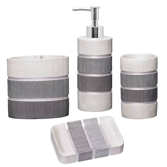 Zahari Home 4-teiliges modernes Badezimmer-Zubehör-Set, moderner Seifenspender, Becher, Zahnbürstenhalter und Seifenhalter, luxuriös, zeitgenössisch, einzigartiges Design, luxuriöses Bad-Set