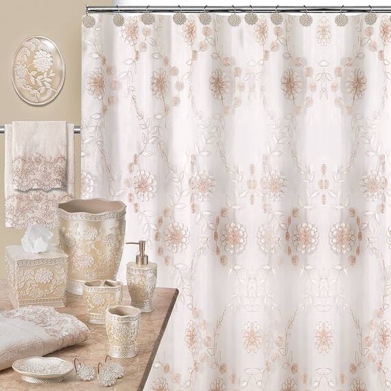 Zahari Home Rose Vine 13-teiliges Badezimmer-Duschvorhang-Set, transparenter Duschvorhang und 12 Haken, modern, klassisch, luxuriös, zeitgenössisches Dekor, beiger Duschvorhang