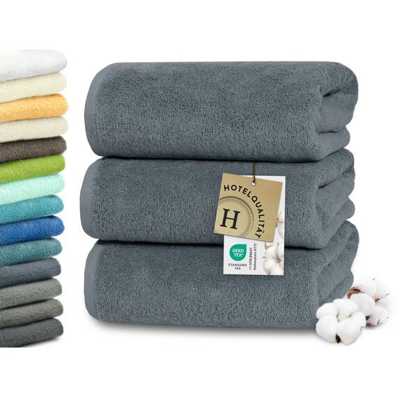 ZOLLNER 3er Set Duschtücher in 70x140 cm - besonders weiche und saugstarke Handtücher in grau - mit praktischem Aufhänger - waschbar bis 95°C - Baumwolle - Hotelqualität