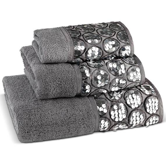 Zahari Home Sinatra Modernes Badezimmer-Handtuch-Set, 3-teiliges Handtuch, Badetuch, Handtuch und Waschhandtuch, luxuriös, zeitgenössisch, Dekoration, Bling Silber, weich, plüschig und sehr saugfähig