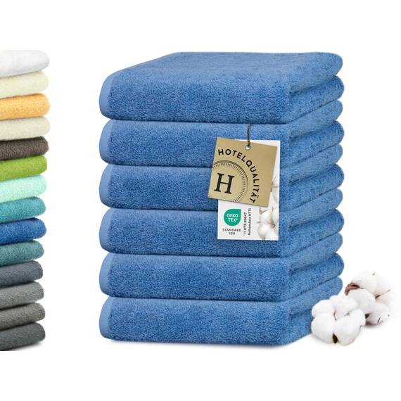 ZOLLNER 6er Set Handtücher in 50x100 cm - besonders weiche und saugstarke Gästehandtücher in blau - mit praktischem Aufhänger - waschbar bis 95°C - Baumwolle - Hotelqualität