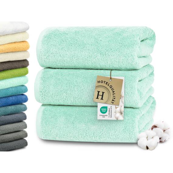 ZOLLNER 3er Set Duschtücher in 70x140 cm - besonders weiche und saugstarke Handtücher in Mint - mit praktischem Aufhänger - waschbar bis 95°C - Baumwolle - Hotelqualität