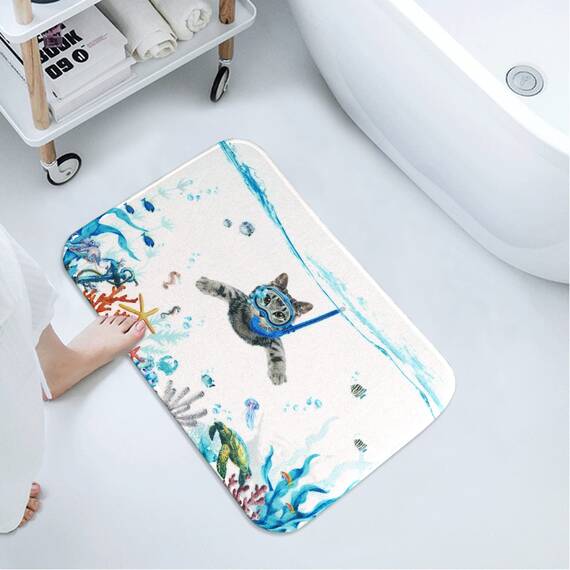 Fowocu Lustige Katzen-Badezimmerteppich, Ozean, Meerestier, Badteppich, wasserabsorbierend, rutschfest, weiche Mikrofaser, niedliche Badematten für Badezimmer-Dekor (blau, 61 x 50 cm)