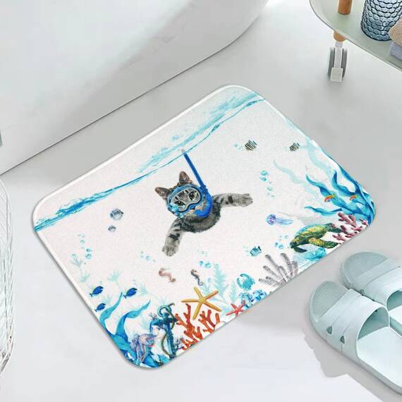 Fowocu Lustige Katzen-Badezimmerteppich, Ozean, Meerestier, Badteppich, wasserabsorbierend, rutschfest, weiche Mikrofaser, niedliche Badematten für Badezimmer-Dekor (Blau, 81,3 x 50,8 cm)