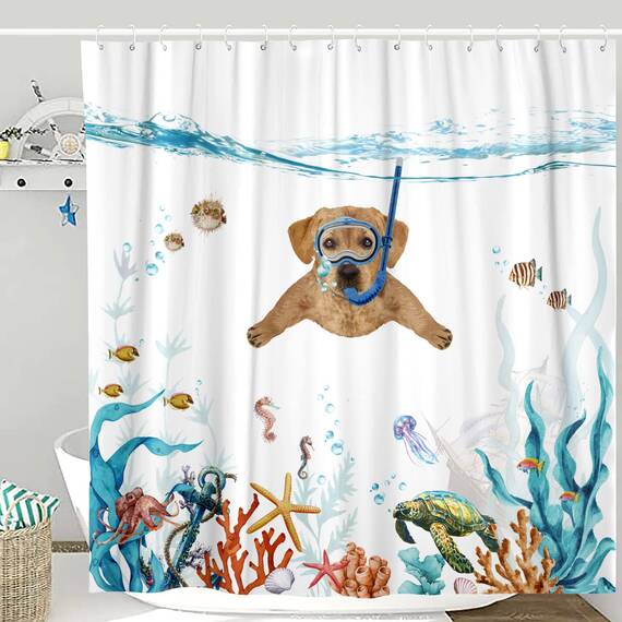 Fowocu lustiger Hunde-Duschvorhang, blaugrün, Meer, Ozean, wasserdichter Stoff, für Badezimmer, mit Tier, Oktopus, Seestern, Schildkröte, Anker, Fisch, nautisches Dekor (orange, 183 x 183 cm)