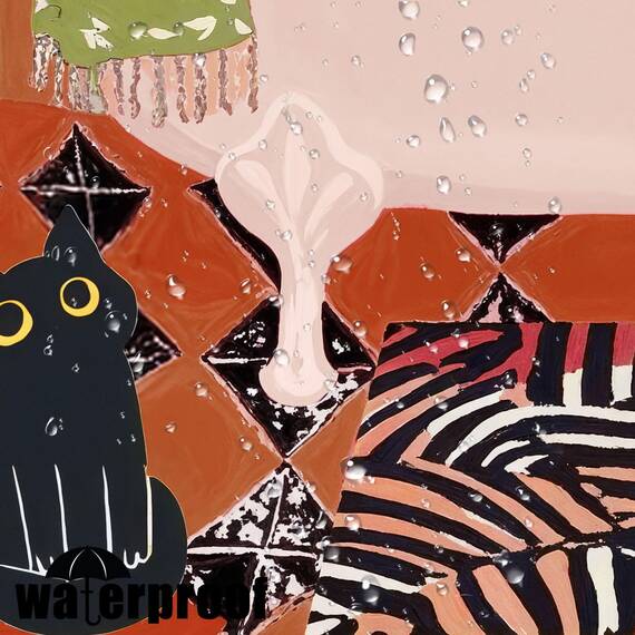 Duschvorhang mit lustiger Katze, Boho, niedlich, lustig, Schwarze Katzen, Matisse, für Badezimmer, grün, Tropische Pflanzen, Blätter, beige, braun, rot, wasserdichter Stoff, Dekoration, 183 x 183 cm