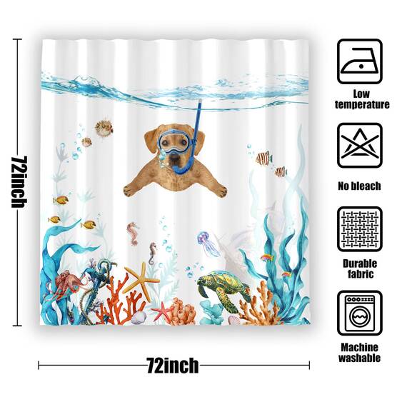 Fowocu lustiger Hunde-Duschvorhang, blaugrün, Meer, Ozean, wasserdichter Stoff, für Badezimmer, mit Tier, Oktopus, Seestern, Schildkröte, Anker, Fisch, nautisches Dekor (orange, 183 x 183 cm)