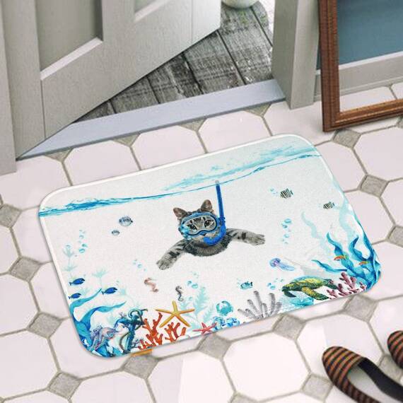 Fowocu Lustige Katzen-Badezimmerteppich, Ozean, Meerestier, Badteppich, wasserabsorbierend, rutschfest, weiche Mikrofaser, niedliche Badematten für Badezimmer-Dekor (Blau, 81,3 x 50,8 cm)
