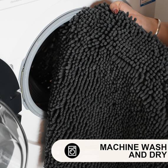 SHEEPPING Badezimmerteppich 150 x 50 cm, rutschfeste Badematte, Chenille Badvorleger, Saugfähige Duschvorleger, Waschbar Badteppich für Badezimmer, Schwarz