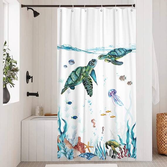 Fowocu lustiger Schildkröten-Duschvorhang, für Duschkabine, Meer, Ozean, wasserdichter Stoff, fürs Bad, Tier, Oktopus, Seestern, Schildkröte, Anker, Fisch, nautisches Bad-Dekor (blaugrün, 91 x 183 cm)