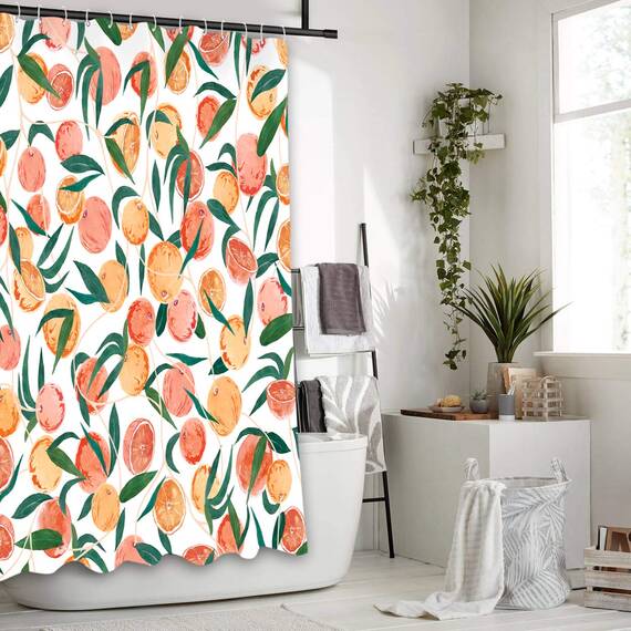 Fowocu Duschvorhang, Orange, Pfircish, Aquarell, Früchte, Duschvorhänge für Badezimmer, dekorativ, hübsch, niedlich, wasserdicht, Stoff, Badvorhang, Dekoration (Gelb, 183 x 183 cm)