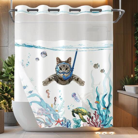 Fowocu Duschvorhang ohne Haken, mit einrastbarem Einsatz, lustige Katze, nautisches Motiv, blaugrün, Meer, Ozean, Oktopus, Seestern, Schildkröte, Anker, Fisch, wasserdichter Stoff, 180 x 188 cm