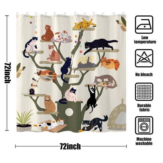 Fowocu lustiger Katzen-Duschvorhang, niedlich, Cartoon-Katzenbaum, für Badezimmer, Boho, Anime, Kätzchen, Kinder, modernes Bauernhaus, wasserdichter Stoff, Badvorhang, Dekoration, 183 x 183 cm
