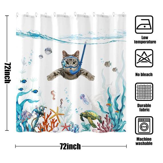 Fowocu Lustiges Katzen-Duschvorhang-Set, blaugrün/blau, wasserfester Stoff, Duschvorhänge mit Tier, Oktopus, Seestern, Schildkröte, Anker, Fische, Dekor (blau, 183 x 183 cm)