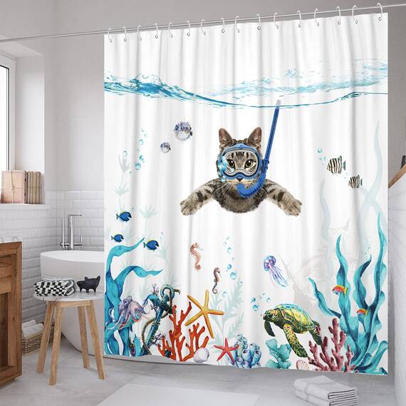 Fowocu Katzen-Duschvorhang (blau, 183 x 200 cm)
