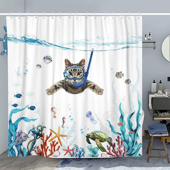 Fowocu Lustiges Katzen-Duschvorhang-Set, blaugrün/blau, wasserfester Stoff, Duschvorhänge mit Tier, Oktopus, Seestern, Schildkröte, Anker, Fische, Dekor (blau, 183 x 183 cm)