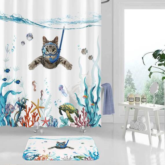 Fowocu Lustige Katzen-Badezimmerteppich, Ozean, Meerestier, Badteppich, wasserabsorbierend, rutschfest, weiche Mikrofaser, niedliche Badematten für Badezimmer-Dekor (Blau, 81,3 x 50,8 cm)