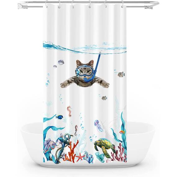 Fowocu lustiges Katzen-Duschvorhang-Set, blaugrün, für Duschkabine, Meer, Ozean, wasserdichter Stoff, mit Tier, Oktopus, Seestern, Schildkröte, Anker, Fisch, nautisches Bad-Dekor (Blau, 91 x 183 cm)