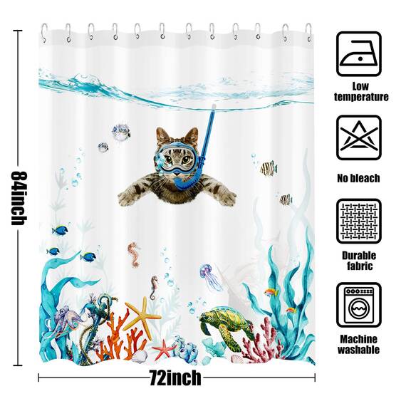Fowocu lustiges Katzen-Duschvorhang-Set, extra lang, blaugrün, Meer, Ozean, wasserdichter Stoff, mit Tier, Oktopus, Seestern, Schildkröte, Anker, Fisch, nautisches Bad-Dekor (Blau, 183 x 213 cm)