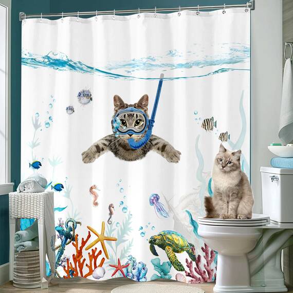 Fowocu Lustiges Katzen-Duschvorhang-Set, blaugrün/blau, wasserfester Stoff, Duschvorhänge mit Tier, Oktopus, Seestern, Schildkröte, Anker, Fische, Dekor (blau, 183 x 183 cm)