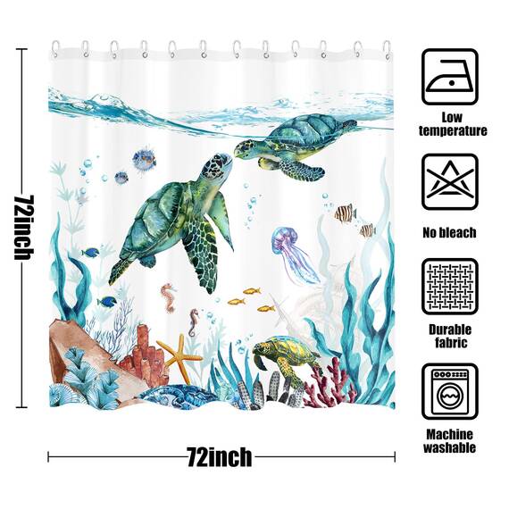 Fowocu lustiger Schildkröten-Duschvorhang, Meer, Ozean, wasserdichter Stoff, für Badezimmer, Tier, Oktopus, Seestern, Schildkröte, Anker, Fisch, nautisches Badvorhang-Dekor (blaugrün, 183 x 183 cm)
