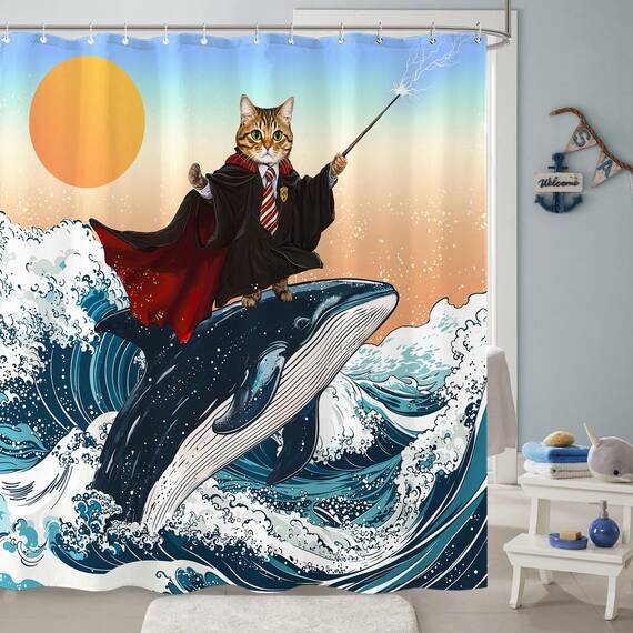 Fowocu lustiger Duschvorhang mit Katzen-Wal-Motiv, cool, japanische Ozeanwelle, für Badezimmer, orange, blau, Anime, Kinder, nautisch, wasserdicht, Stoff, Badvorhang, Dekoration, 183 x 183 cm