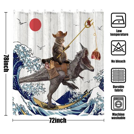 Fowocu Duschvorhang, lustiger Katzen-Dinosaurier-Duschvorhang, coole Katze, japanische Ozeanwelle, wasserdichter Stoff, für Badezimmer, Kinder, rustikales Holz, Bauernhaus (183 x 213 cm)