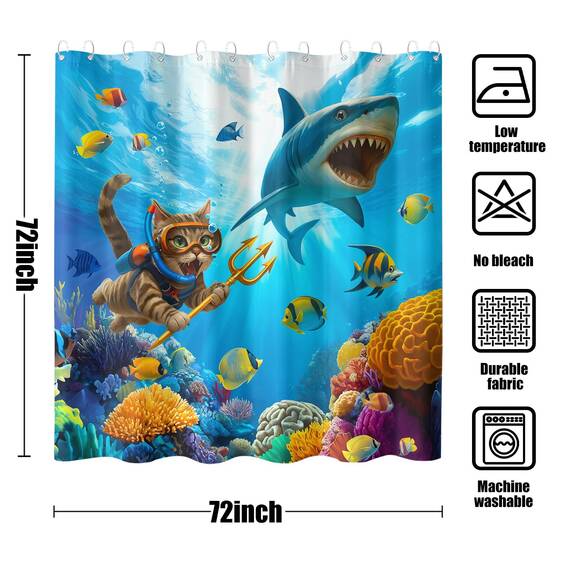Duschvorhang mit lustigem Katzen-Hai, Ozean, tropischer Fisch, für Badezimmer, Kinder, niedlich, Unterwasserwelt, Koralle, Küste, wasserdichter Stoff, Badvorhang, Dekoration, 183 x 183 cm