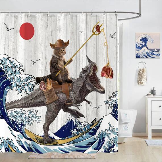 Fowocu Duschvorhang, lustiger Katzen-Dinosaurier-Duschvorhang, coole Katze, japanische Ozeanwelle, wasserdichter Stoff, für Badezimmer, Kinder, rustikales Holz, Bauernhaus (183 x 213 cm)