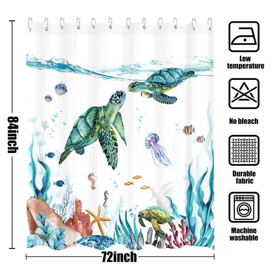 Fowocu lustiger Schildkröten-Duschvorhang, Meer, Ozean, wasserdichter Stoff, für Badezimmer, Tier, Oktopus, Seestern, Schildkröte, Anker, Fisch, nautisches Badvorhang-Dekor (blaugrün, 183 x 213 cm)