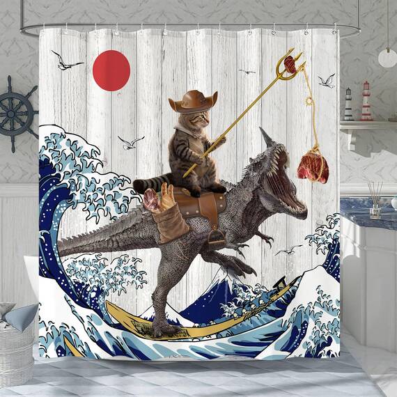 Fowocu Duschvorhang, lustiger Katzen-Dinosaurier-Duschvorhang, coole Katze, japanische Ozeanwelle, wasserdichter Stoff, für Badezimmer, Kinder, rustikales Holz, Bauernhaus (183 x 213 cm)