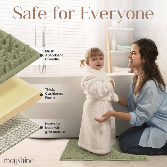 MAYSHINE Chenille Badematte, rutschfeste Maschinenwaschbare Badteppiche | Saugfähige Schnelltrocknende Shag-Teppiche, Ideal für Badezimmer, Dusche, Schlafzimmer oder Türmatte (Salbeigrün, 80x50cm)