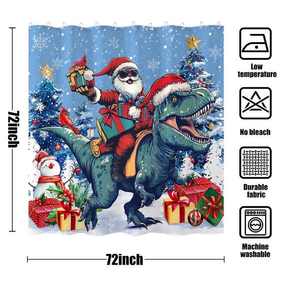 Fowocu Weihnachts-Duschvorhang, lustiger Weihnachtsmann, reitender Dinosaurier, für Badezimmer, Winter, Schneeflocke, Schneemann, rot, Stoff wasserdicht, Kinder-Badevorhang, Dekoration, 183 x 183 cm
