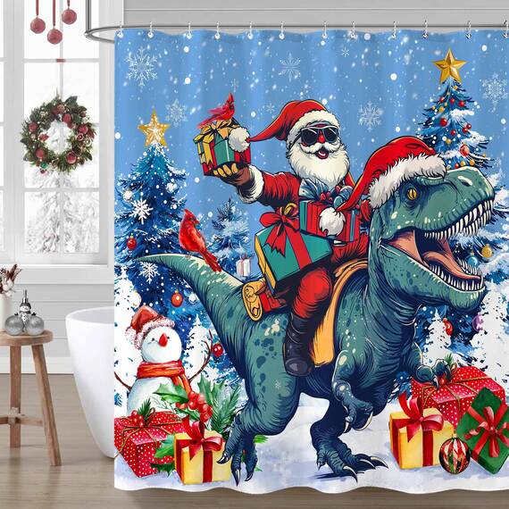 Fowocu Weihnachts-Duschvorhang, lustiger Weihnachtsmann, reitender Dinosaurier, für Badezimmer, Winter, Schneeflocke, Schneemann, rot, Stoff wasserdicht, Kinder-Badevorhang, Dekoration, 183 x 183 cm