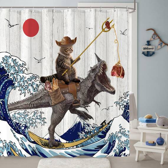Fowocu Duschvorhang, lustiger Katzen-Dinosaurier-Duschvorhang, coole Katze, japanische Ozeanwelle, wasserdichter Stoff, für Badezimmer, Kinder, rustikales Holz, Bauernhaus (183 x 213 cm)