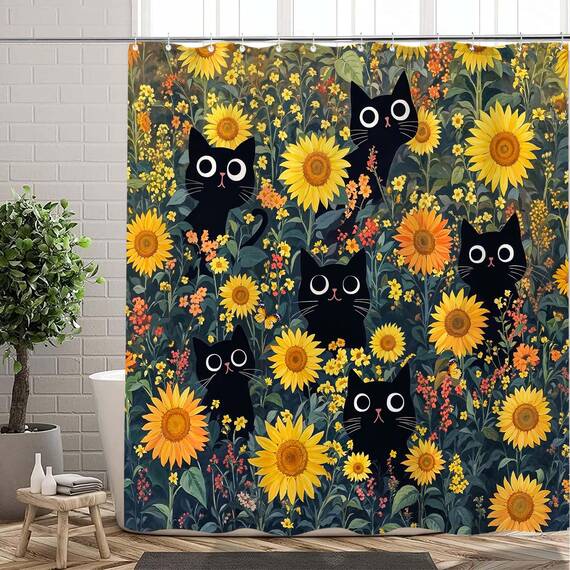 Duschvorhang mit niedlicher Katze, lustig, schwarze Katzen, Boho, Blumenmuster, Vintage-Stil, Sonnenblume, für Badezimmer, Tier, Wildblume, Bauernhaus, wasserdichter Stoff, Dekoration, 183 x 183 cm