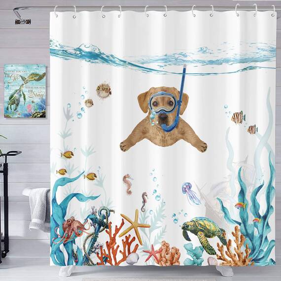Fowocu lustiger Hunde-Duschvorhang, blaugrün, Meer, Ozean, wasserdichter Stoff, für Badezimmer, mit Tier, Oktopus, Seestern, Schildkröte, Anker, Fisch, nautisches Dekor (orange, 183 x 183 cm)