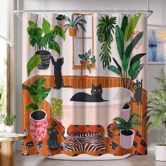 Duschvorhang mit lustiger Katze, Boho, niedlich, lustig, Schwarze Katzen, Matisse, für Badezimmer, grün, Tropische Pflanzen, Blätter, beige, braun, rot, wasserdichter Stoff, Dekoration, 183 x 183 cm