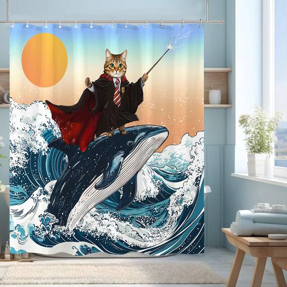 Fowocu lustiger Duschvorhang mit Katzen-Wal-Motiv, cool, japanische Ozeanwelle, für Badezimmer, orange, blau, Anime, Kinder, nautisch, wasserdicht, Stoff, Badvorhang, Dekoration, 183 x 183 cm