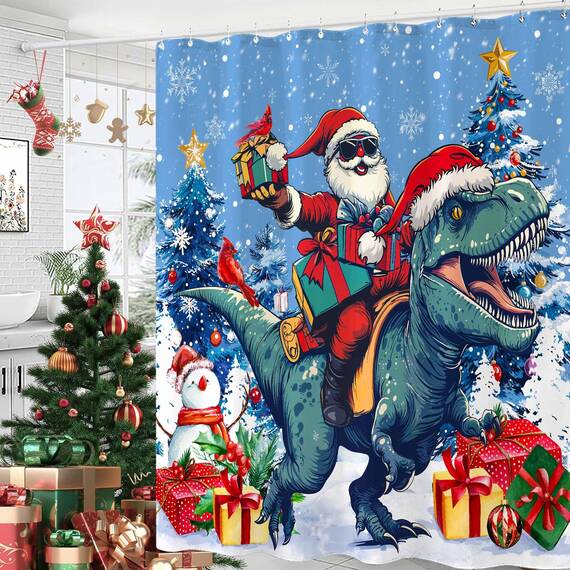 Fowocu Weihnachts-Duschvorhang, lustiger Weihnachtsmann, reitender Dinosaurier, für Badezimmer, Winter, Schneeflocke, Schneemann, rot, Stoff wasserdicht, Kinder-Badevorhang, Dekoration, 183 x 183 cm