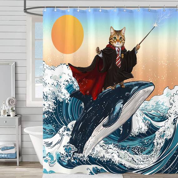 Fowocu lustiger Duschvorhang mit Katzen-Wal-Motiv, cool, japanische Ozeanwelle, für Badezimmer, orange, blau, Anime, Kinder, nautisch, wasserdicht, Stoff, Badvorhang, Dekoration, 183 x 183 cm