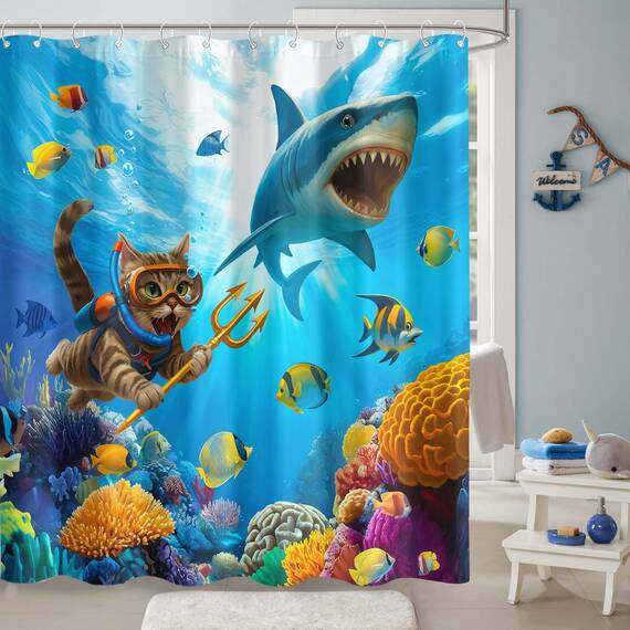 Duschvorhang mit lustigem Katzen-Hai, Ozean, tropischer Fisch, für Badezimmer, Kinder, niedlich, Unterwasserwelt, Koralle, Küste, wasserdichter Stoff, Badvorhang, Dekoration, 183 x 183 cm