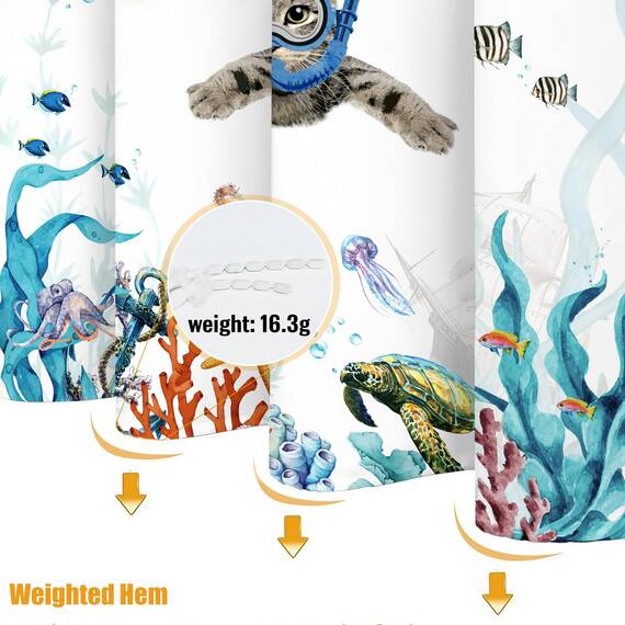 Fowocu lustiger Katzen-Duschvorhang, blaugrün, Meer, Ozean, wasserdichter Stoff, für Badezimmer, mit Tier, Oktopus, Seestern, Schildkröte, Anker, Fisch, nautisches Badvorhang-Dekor (183 x 183 cm)